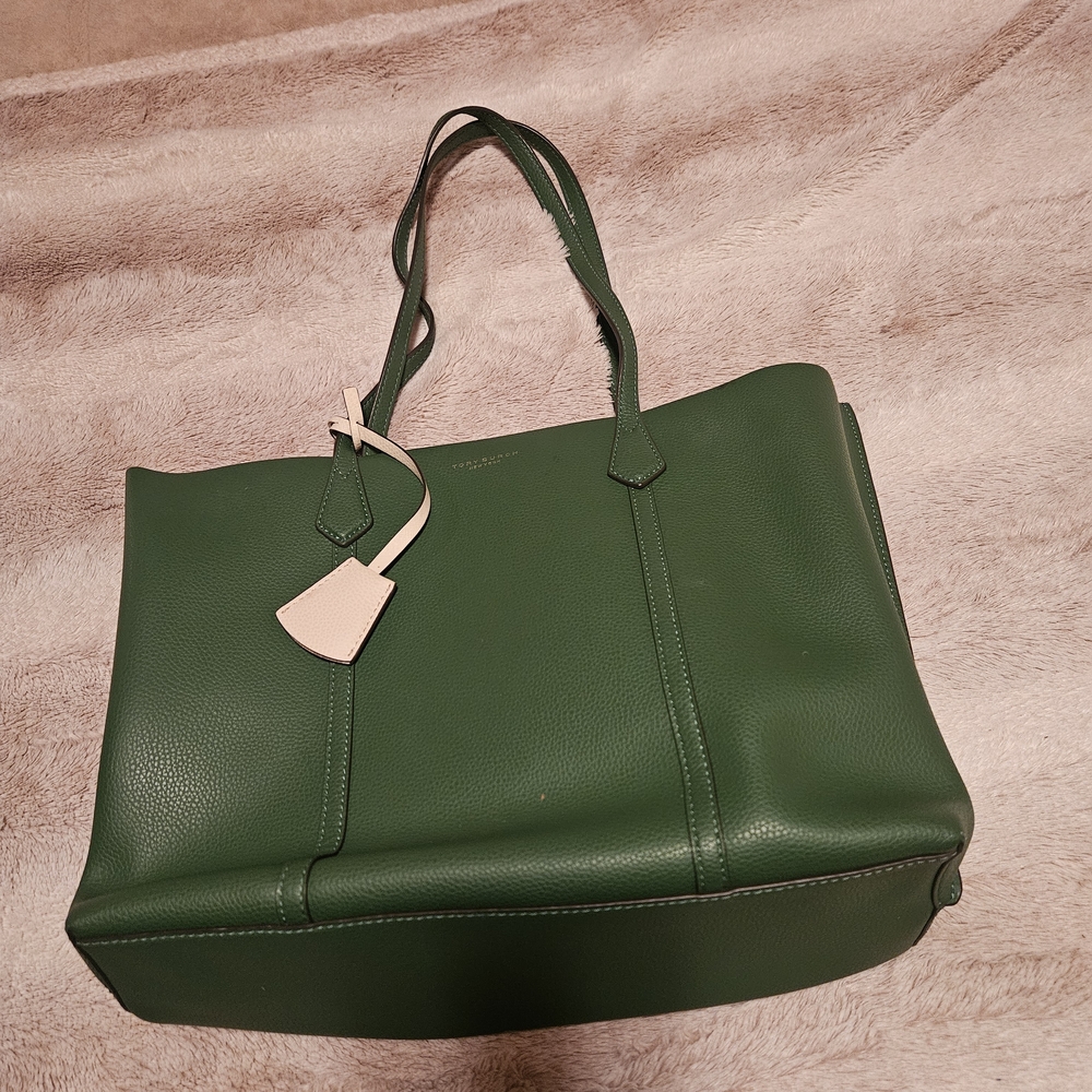 Tory Burch Green Leather Tote with Light Accent Tag